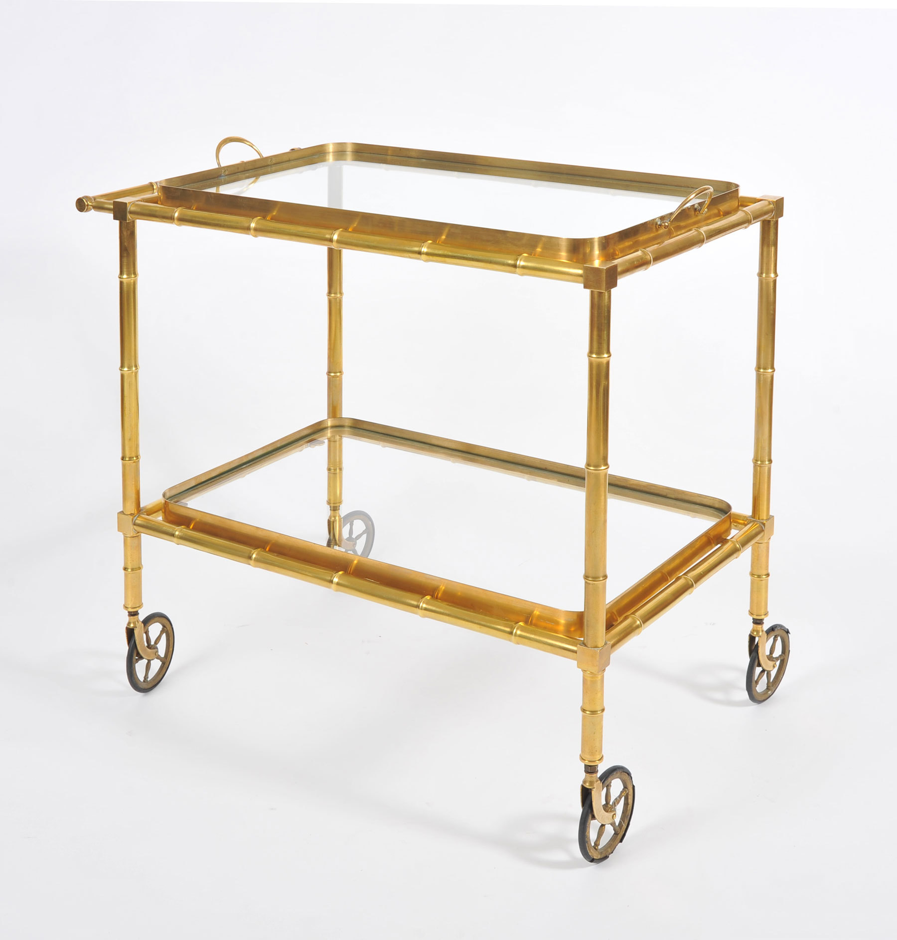 Vintage Patinated Faux Bamboo Brass Drinks Trolley - Decorative
