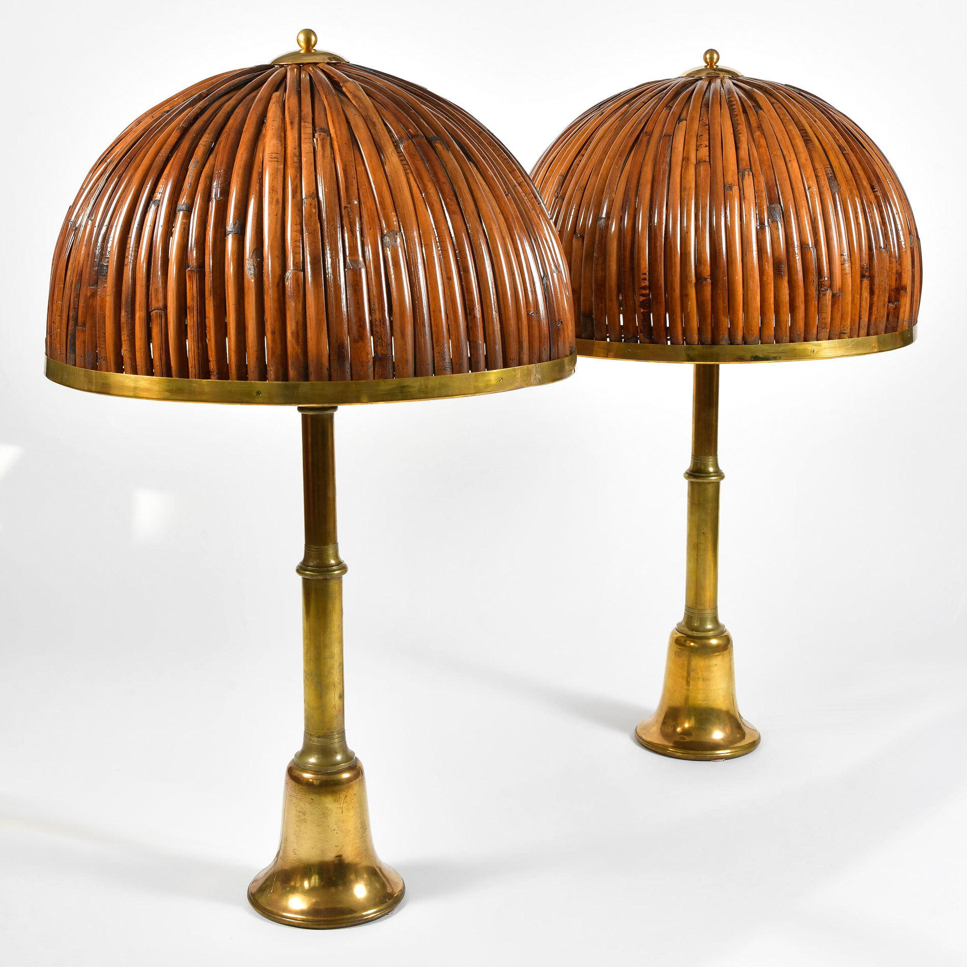 Pair of Italian brass and rattan tall table lamps